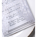 Silver and white laser cut invitation, turquoise ribbon, spring and summer, winter, wonderland, whimsical 