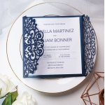 Navy blue and silver invitation, laser cut invite, classic, spring, fall, winter, elegant, belly band & tag WS110