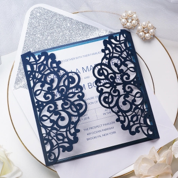 Navy blue and silver invitation, laser cut invite, classic, spring, fall, winter, elegant, belly band & tag WS110