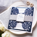 Navy blue and silver invitation, laser cut invite, classic, spring, fall, winter, elegant, belly band & tag WS110