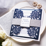 Navy blue and silver invitation, laser cut invite, classic, spring, fall, winter, elegant, belly band & tag WS110