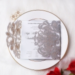 Silver glitter laser cut invitation, blush pink tag and belly band, silver mirror lining WS112