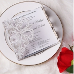 Silver glitter laser cut invitation, blush pink tag and belly band, silver mirror lining WS112