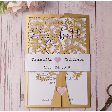 Rustic gold laser cut invite, tree cut, spring weddings, belly band, custom invite, handmade wedding invite WS118