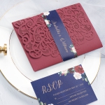 Burgundy and navy laser cut invitations, pocket invitations, tri-fold invites, spring, fall, winter, boho weddings, rustic wedding WS119