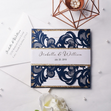 Navy blue and gold invitations, laser cut invite, custom invite with gold belly band, spring, fall, winter WS121 