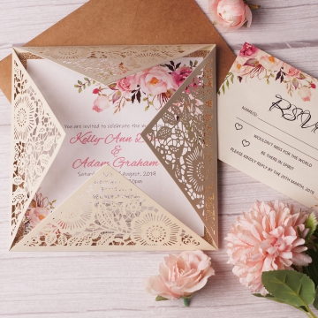 Boho rustic wedding invite, laser cut invite, watercolor invite, spring, fall weddings, country weddings WS124