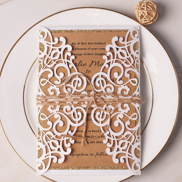 Rustic wedding invite, laser cut invite, gold invite, custom invite