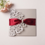 Gray laser cut wedding invite, watercolor floral invite, spring weddings invite, burgundy ribbon, elegant invite, rustic invite WS126