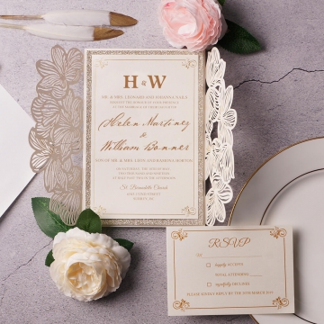 Romantic and luxury gold foil acrylic wedding invitations with leafy  pattern WS249