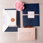 Classic blue and mauve laser cut invites, pocket invites, blush invites, elegant invites, birthday invites, spring, fall, was seal WS131