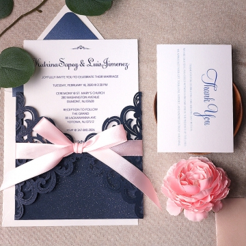 Navy and blush soft elegant laser cut wedding invitations WS132