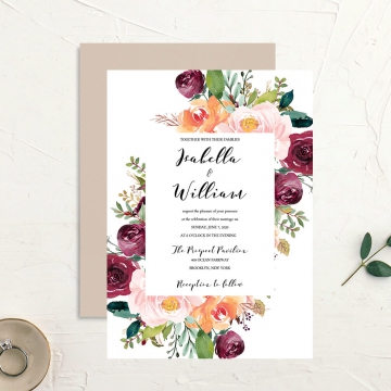 Watercolor burgundy and blush florals wedding invitations WS138