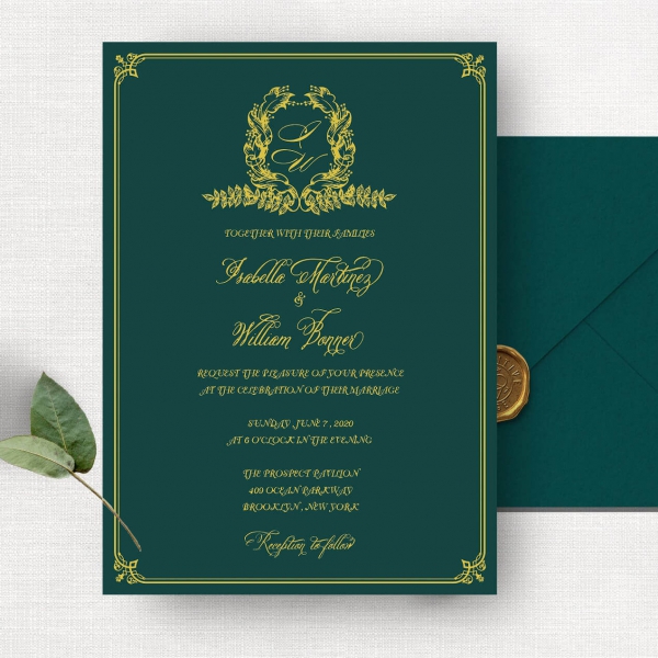 Cheap emerald green and gold invite, royal wedding invite