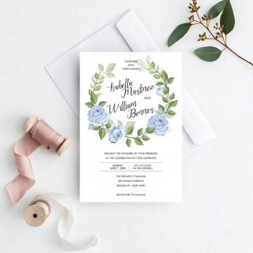 dusty blue and green greenery watercolor wedding invitation WS141