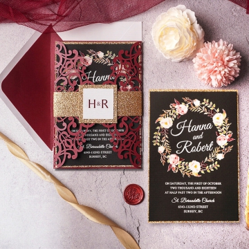 Boho burgundy and black laser cut wedding invitations WS148