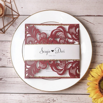 Burgundy and gold laser cut wedding invitations, laser cut invitations WS150