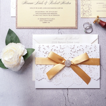 Elegant gold and white pocket wedding invitations, laser cut invitations, custom invites with ribbon and silver embellishments, classic, luxury WS154