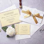 Elegant gold and white pocket wedding invitations, laser cut invitations, custom invites with ribbon and silver embellishments, classic, luxury WS154