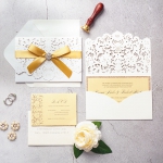 Elegant gold and white pocket wedding invitations, laser cut invitations, custom invites with ribbon and silver embellishments, classic, luxury WS154