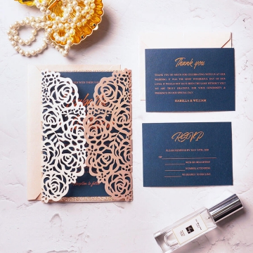 Navy and rose gold laser cut wedding invitations WS159