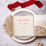 Romantic classic gold and red pocket wedding invitations, laser cut wedding invitations, fall weddings, elegant weddings, spring wedidngs WS160