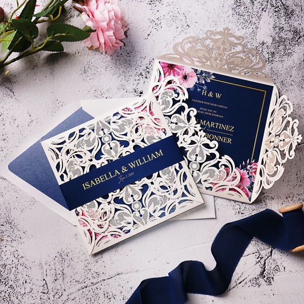 classic navy blue and rose laser cut wedding invitation cards SWWS073
