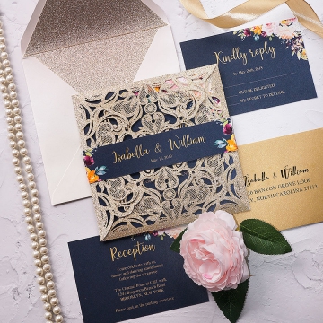 Romantic and luxury gold foil acrylic wedding invitations with leafy  pattern WS249