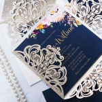 Luxurious gold and navy blue floral wedding invitation with belly band, foil invite, classic invite, bohemian wedding invite WS172