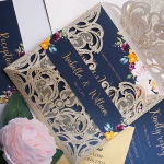 Luxurious gold and navy blue floral wedding invitation with belly band, foil invite, classic invite, bohemian wedding invite WS172