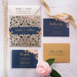 Luxurious gold and navy blue floral wedding invitation with belly band, foil invite, classic invite, bohemian wedding invite WS172