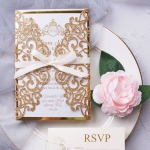 Royal gold elegant wedding invitation with rsvp cards, glittering invite, mirror lining, thin and chic silk ribbon, elegant spring and fall wedding, classic, affordable WS173