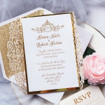 Royal gold elegant wedding invitation with rsvp cards, glittering invite, mirror lining, thin and chic silk ribbon, elegant spring and fall wedding, classic, affordable WS173