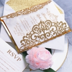 Royal gold elegant wedding invitation with rsvp cards, glittering invite, mirror lining, thin and chic silk ribbon, elegant spring and fall wedding, classic, affordable WS173