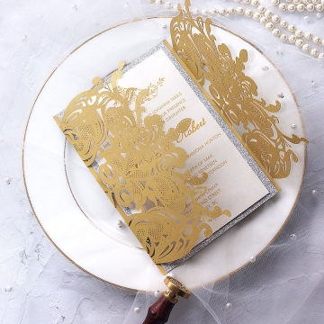 Gold royal silver laser cut wedding invitation with rsvp cards, elegant wedding invite suite, monogram design, elegant calligraphy, foil invites WS174