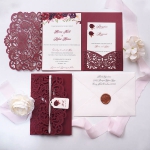 Burgundy laser cut pocket wedding invitation with tag, romantic floral and elegant calligraphy, garden wedding 