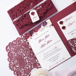 Burgundy laser cut pocket wedding invitation with tag, romantic floral and elegant calligraphy, garden wedding 