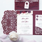 Burgundy laser cut pocket wedding invitation with tag, romantic floral and elegant calligraphy, garden wedding 