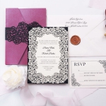 Vintage pocket burgundy and black tri-fold invite with rsvp card, formal invite, elegant laser cut design WS176