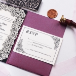 Vintage pocket burgundy and black tri-fold invite with rsvp card, formal invite, elegant laser cut design WS176