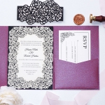 Vintage pocket burgundy and black tri-fold invite with rsvp card, formal invite, elegant laser cut design WS176