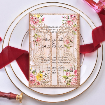 Rose Gold gate wrap wedding invitation with romantic blush florals WS177