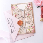 Elegant gold gate wrap wedding invitation with romantic blush florals spring, classic cheap invite WS177