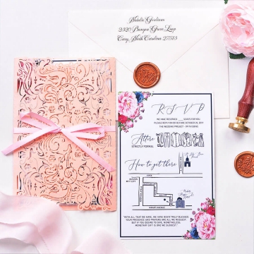 Coral floral wrap laser cut invitation with pink ribbon WS179