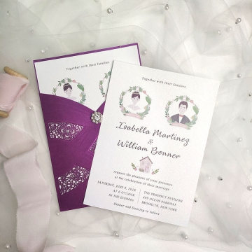 Whimsical purple wedding invite elegant, illustration wedding invite WS181 