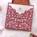 Elegant burgundy wedding invite square, pocket wedding invitation WS182