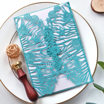 Simple mint teal blue lase cut wrap wedding invitation WS185
