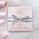 Mild elegant ivory and blush square wrap wedding invitations, cheap laser cut wedding invitations with gray ribbon, spring, summer. WS186