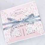 Mild elegant ivory and blush square wrap wedding invitations, cheap laser cut wedding invitations with gray ribbon, spring, summer. WS186