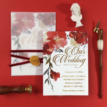 Romantic red watercolor wedding invite, vellum wedding invite, gold foil invite rustic WS202 